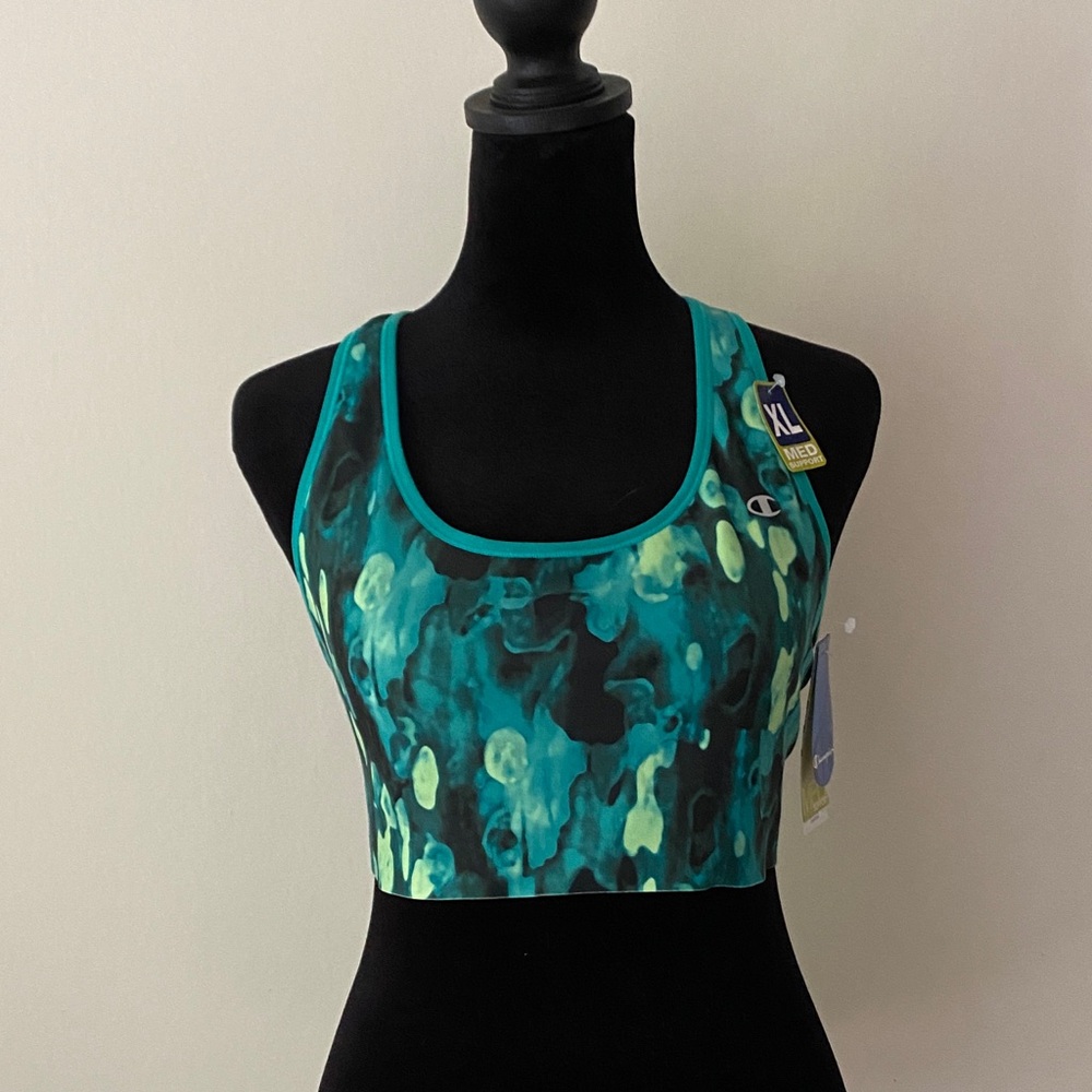 NWT Champion Teal & Black Abstract Print Racerback Sports Bra